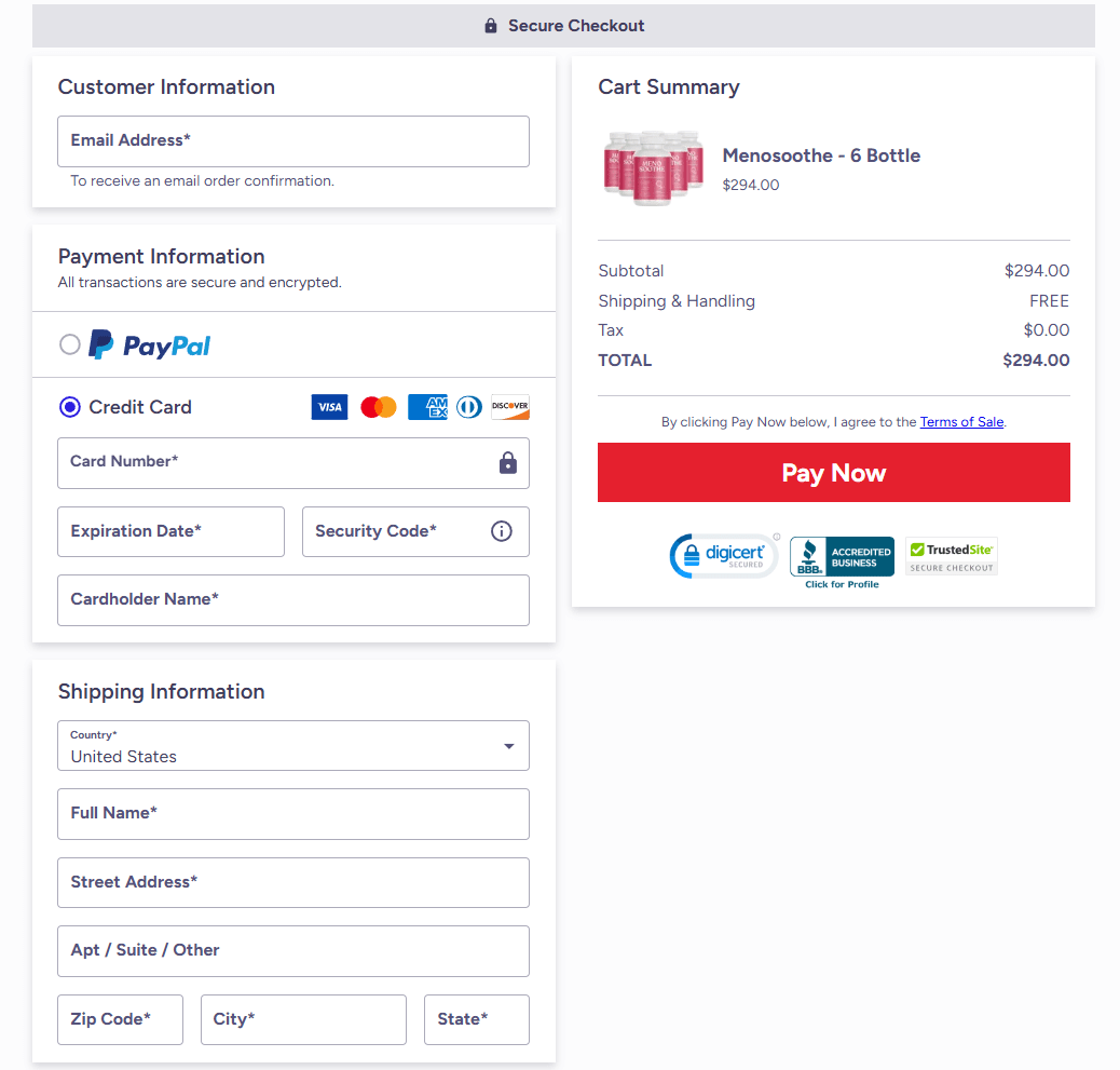 MenoSoothe order page
